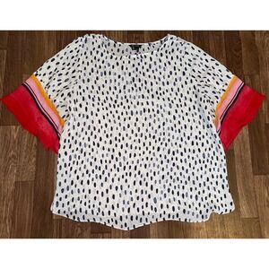 NIC+ZOE Blue Dot Print Bell Sleeve Blouse White Red Multi XL